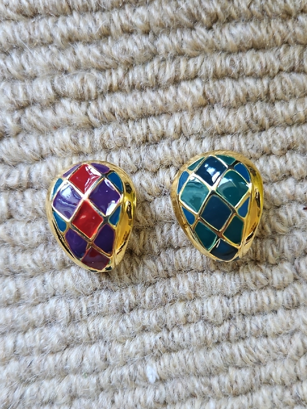 Vintage Harlequin Checker Pattern Enamel Stud Earrings